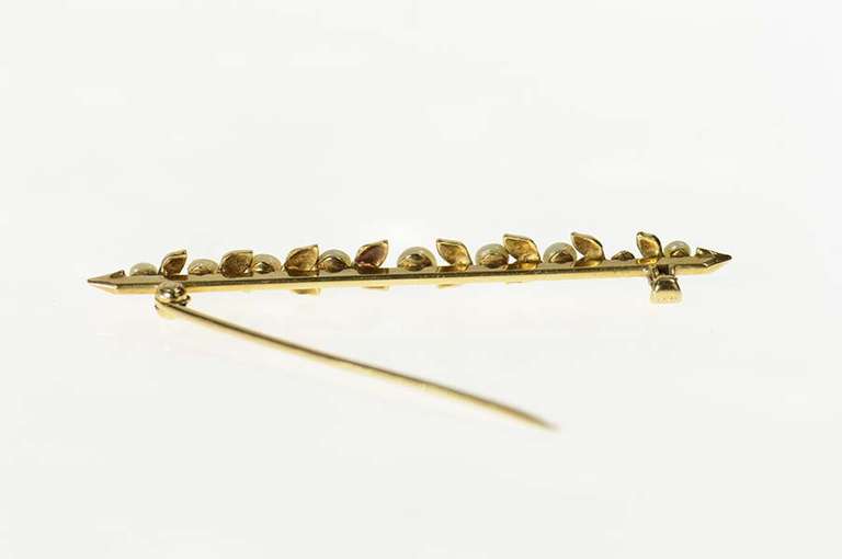 14K Yellow Gold Victorian Seed Pearl Ornate Vine Bar Pin/Brooch