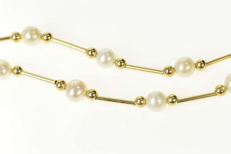 14K Yellow Gold 5.0mm Pearl Bar Link Classic Statement Necklace