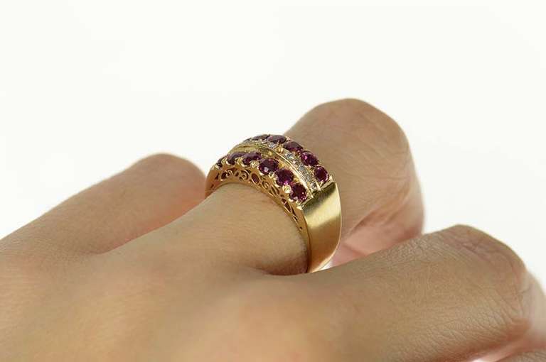 14K Yellow Gold Ornate Ruby Diamond Filigree Band Ring