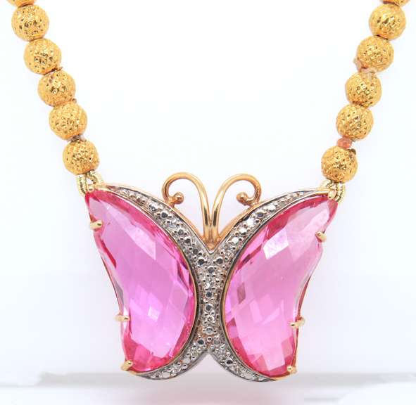 Incredible Pink Stone Butterfly in Beads Chain Necklace