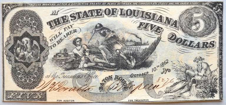 South Kills North $5 State of Louisiana Oct 10 1862 Series Note