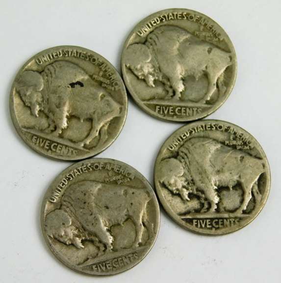 4 U.S. Buffalo Indian Head Nickels, 1914-D