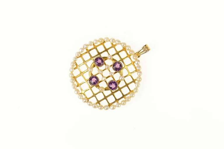 10K Yellow Gold Ornate Seed Pearl Amethyst Lattice Round Pendant