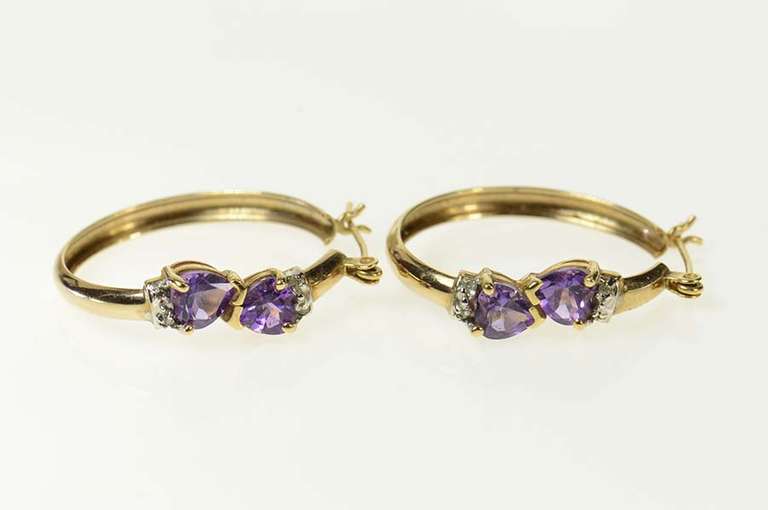 10K Yellow Gold Heart Amethyst Diamond Accent Hoop Earrings