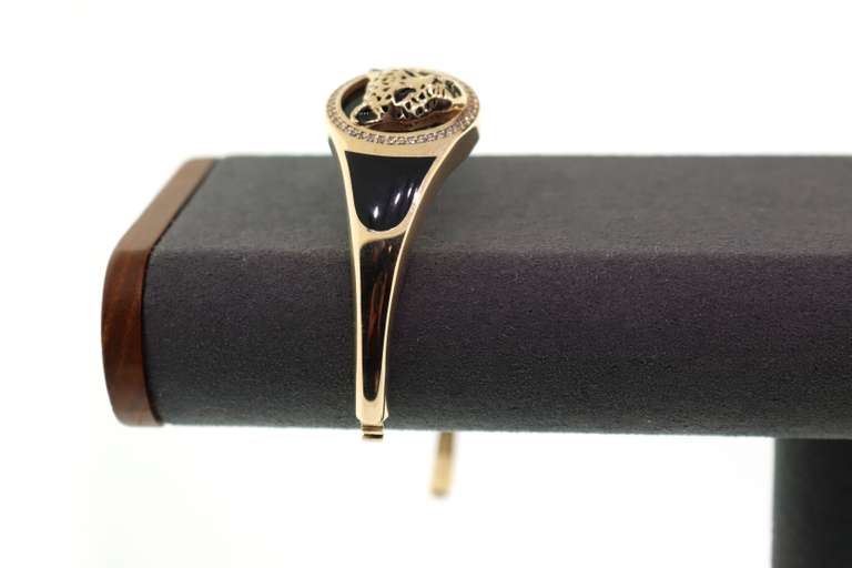 Gorgeous 14k Gold and Onyx Panther Rimmed with Cubic Zirconias adorning Handmade Italian Bangle Bracelet