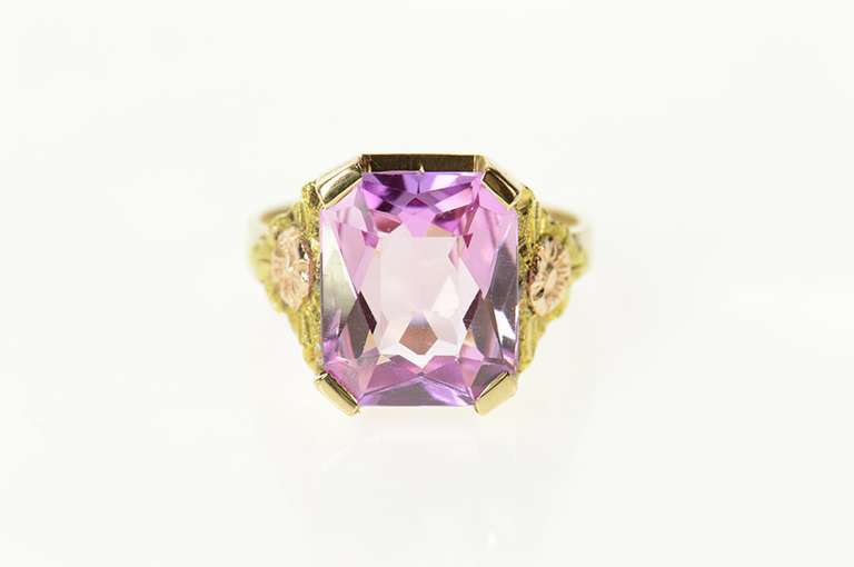 10K Yellow Gold Black Hills Syn. Pink Topaz Flower Statement Ring