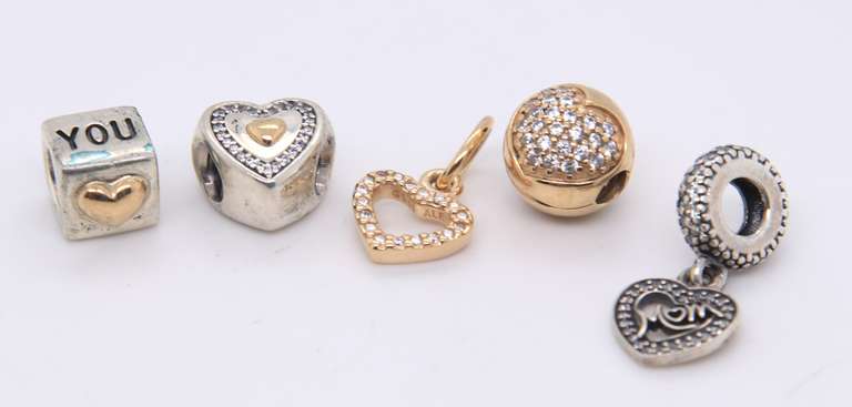 2 Pandora Gold Charms and 3 Silver Charms