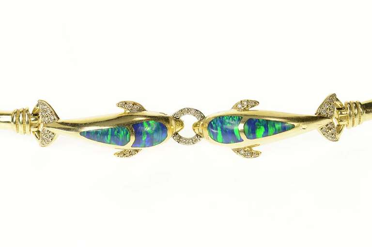 14K Yellow Gold Black Opal Inlay Diamond Ornate Dolphin Bracelet