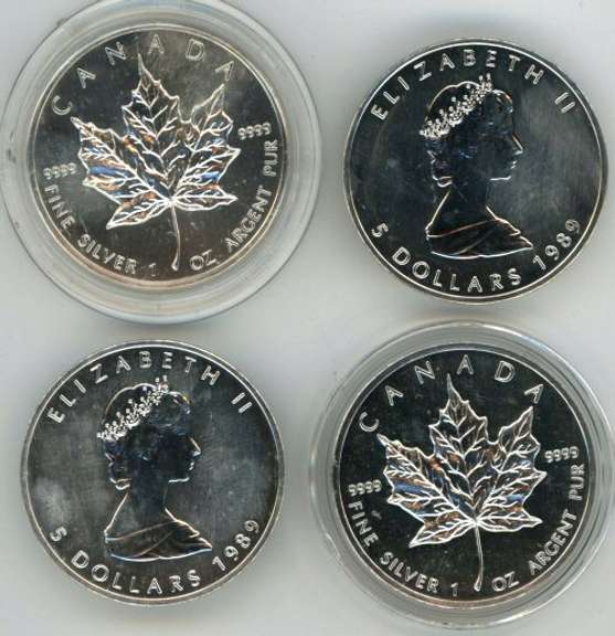 1988 & 3 1989 Canada 1 oz pure .9999 Silver Maples