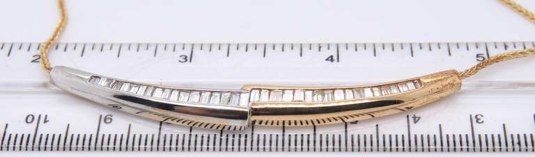 Fabulous Yellow Gold Two Tone Baguette Curved Bar Necklace