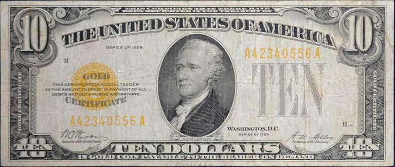 Series Of 1928 $10 Gold Certificate, Circulated. FR.2400