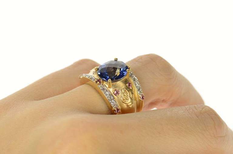 14K Yellow Gold Ornate Syn. Sapphire Diamond Statement Ring