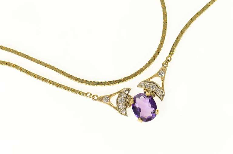 14K Yellow Gold Oval Amethyst Diamond Chevron Square Chain Necklace