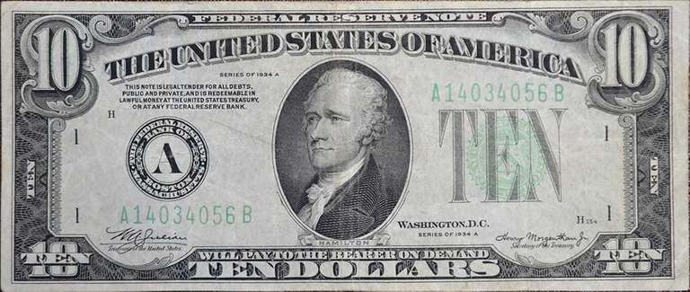 Series 1934A $10 Federal Reserve Note, Circulated.