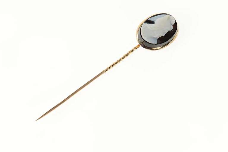 14K Yellow Gold Carved Black Agate Cameo Oval Ornate Stick Pin