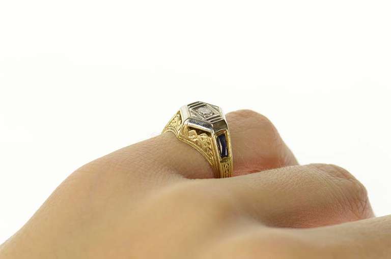 14K Yellow Gold Art Deco Diamond Sapphire Etched Engagement Ring