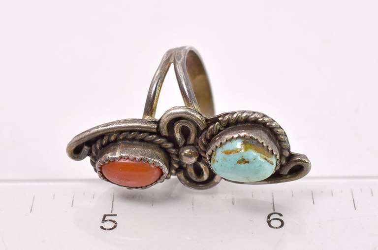 Vintage Turquoise and Coral Ring in Sterling Silver