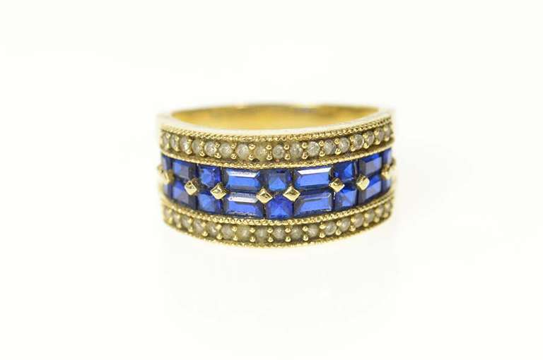 14K Yellow Gold Diamond Syn.Sapphire Statement Band Ring