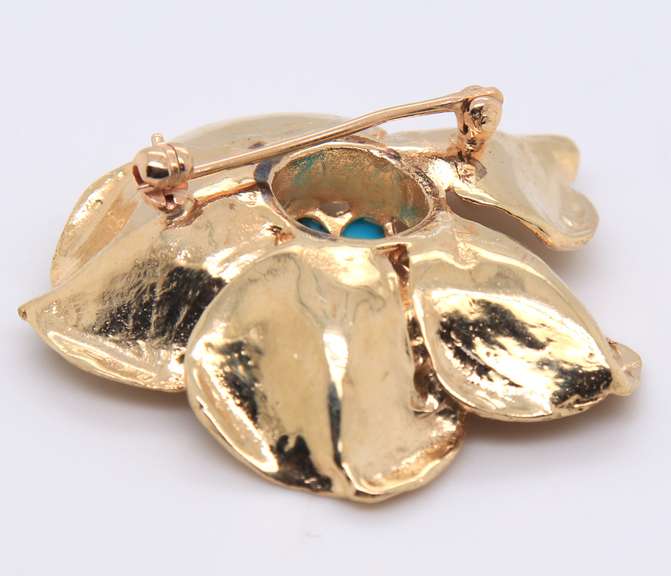 Vintage Yellow Gold Turquoise and Pearl Brooch