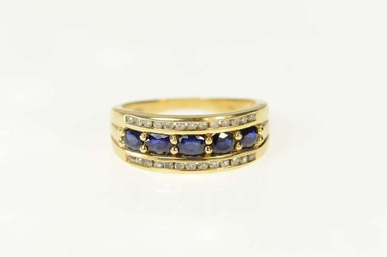 14K Yellow Gold Oval Natural Sapphire Diamond Row Statement Ring
