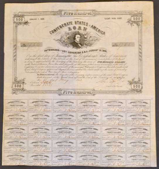 Jan 13 1863 $500 Confederate States Coupon Bond