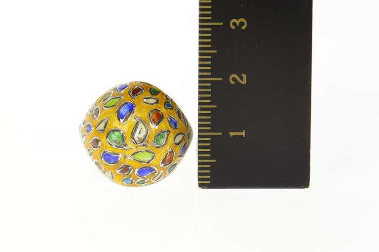 Sterling Silver Yellow Blue Green Enamel Retro Domed Ring