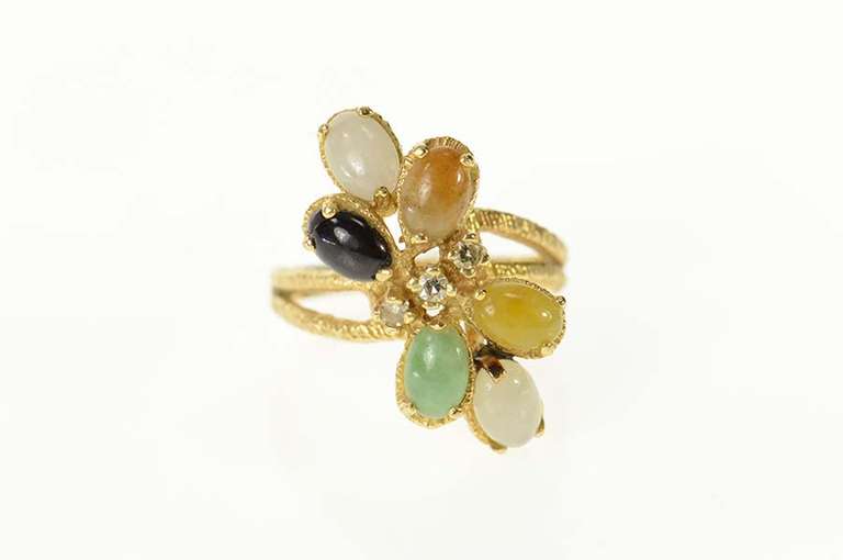 14K Yellow Gold Multi Colored Jade Diamond Cluster Bypass Ring