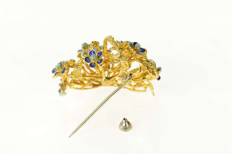 18K Yellow Gold Turquoise Enamel Flower Bouquet Basket Pin/Brooch