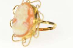 14K Yellow Gold Carved Shell Cameo Swirl Filigree Halo Ring