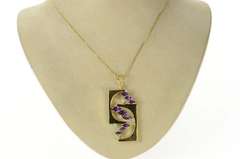 14K Yellow Gold Ornate Amethyst Diamond Geometric Pendant
