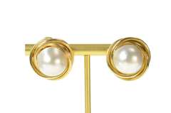 14K Yellow Gold Mabe Pearl Retro Ornate Twist French Clip Earrings