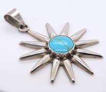 Vintage Sterling Silver Mexico Sun Turquoise Pendant