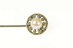 14K White Gold Ornate Floral Trim Pearl Classic Stick Pin