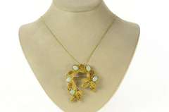 18K Yellow Gold Opal Diamond Retro Leaf Cluster Statement Pendant/Pin