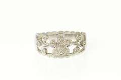 14K White Gold Pave Diamond Flower Scroll Wedding Band Ring