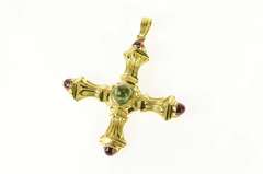 18K Yellow Gold Ornate Pink & Green Tourmaline Cross Pendant/Pin