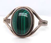 Vintage Sterling Silver Malachite Cuff Bangle Bracelet