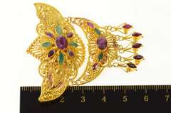 22K Yellow Gold Elaborate Thai Ruby Emerald Fringe Pin/Brooch