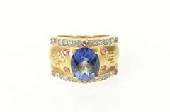 14K Yellow Gold Ornate Syn. Sapphire Diamond Statement Ring