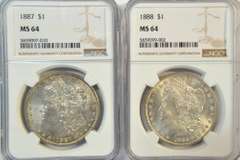 Near Gem BU 1887 & 1888 Morgan Silver Dollars. NGC MS64