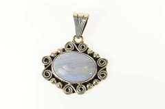 Sterling Silver Oval Blue Lace Agate Scroll Design Statement Pendant