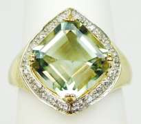 10K Large Green Amethyst & Pave Diamonds Ring, 8