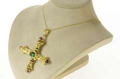 18K Yellow Gold Ornate Pink & Green Tourmaline Cross Pendant/Pin