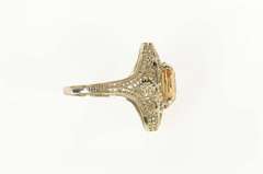 14K White Gold Art Deco Citrine Ornate Filigree Statement Ring