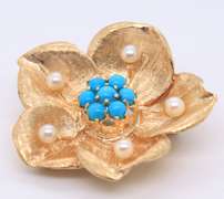 Vintage Yellow Gold Turquoise and Pearl Brooch