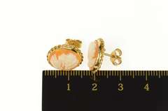 14K Yellow Gold Carved Shell Cameo Lady Statement Stud Earrings