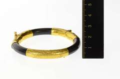 18K Yellow Gold Victorian Chinese Black Onyx Etched Bangle Bracelet