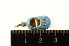 14K Yellow Gold Mary Jane Shoe Sky Blue Polka Dot Enamel Pendant