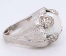 Attractive White Gold Pearl and Pave Diamond Dome Ring