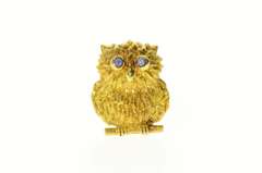 18K Yellow Gold Sapphire Eyed Ornate Owl Wisdom Symbol Pin/Brooch